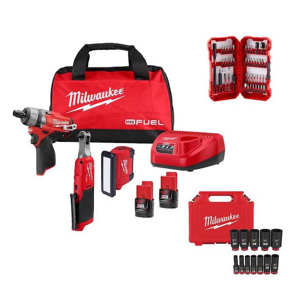 M12 12V Lithium-Ion Cordless Screwdriver, 3/8in. Ratchet, Light (3-PC Combo Kit) w 2 Batteries, Socket Set, Bit Set