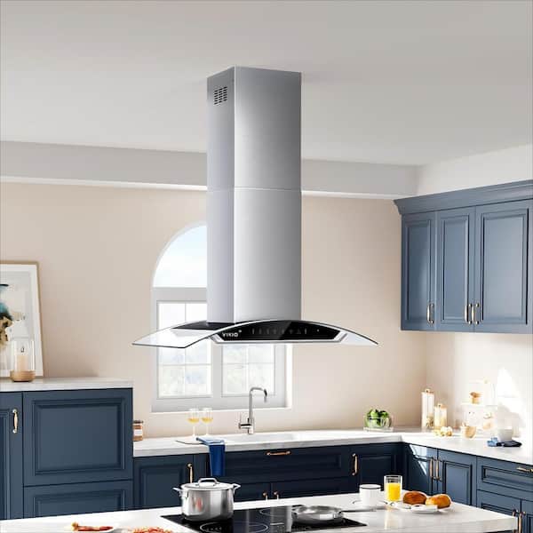36 in. 900 CFM Ducted Island Range Hood 4-LED Tempered Glass and Gesture Touch Pannel in Stainless Steel