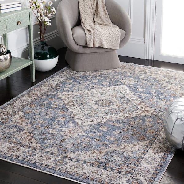 Jasmine 5 ft. x 5 ft. Blue/Gray Distressed Ornate Square Area Rug