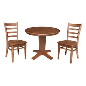 Aria Distressed Oak Solid Wood 36 in Round Pedestal Dining Table and 2 Emily Chairs, seats 2