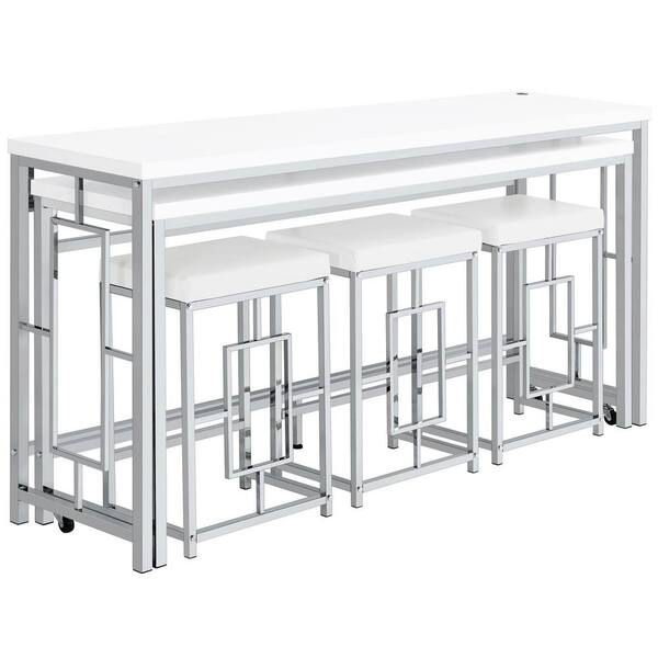 Coaster Jackson 5Piece White and Chrome Wood Top Multipurpose Counter Height Table Set 182715