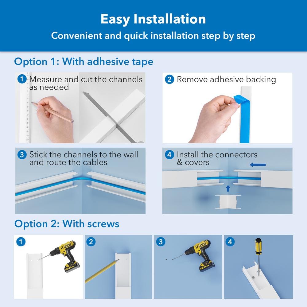 White PVC Wall Cable Concealer Kit with Connectors