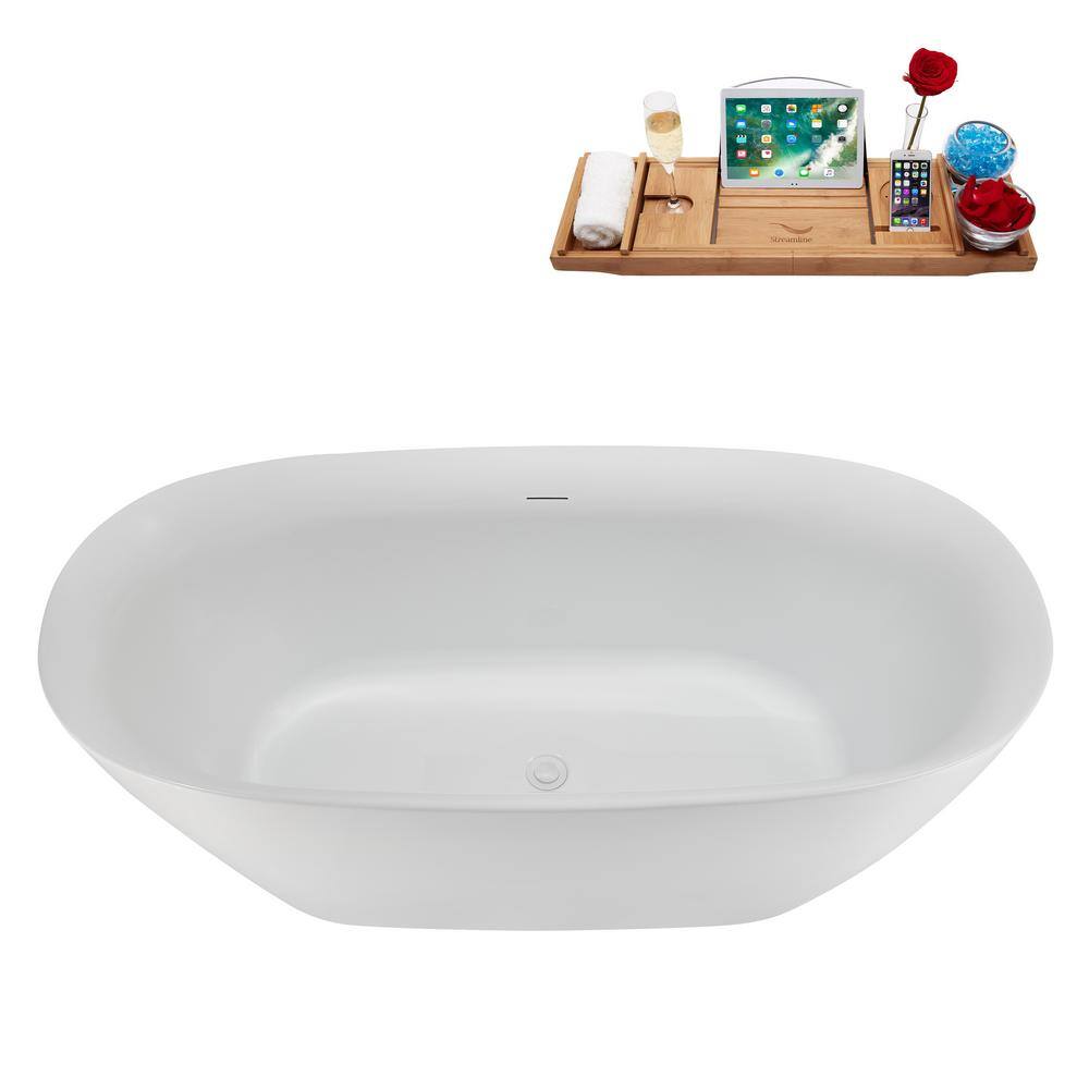 59" Glossy White Acrylic Freestanding Soaking Tub with Tray