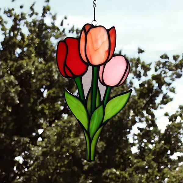 Red Tulip Stained Glass Art Glass Window HDDB1PFT1P - The Home Depot