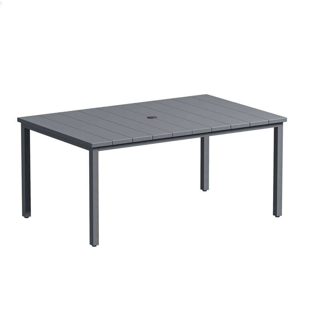 63 in. x 37.8 in. Grey Tabletop Rectangular All-Weather Outdoor Metal Dining Table for 6 with Umbrella Hole