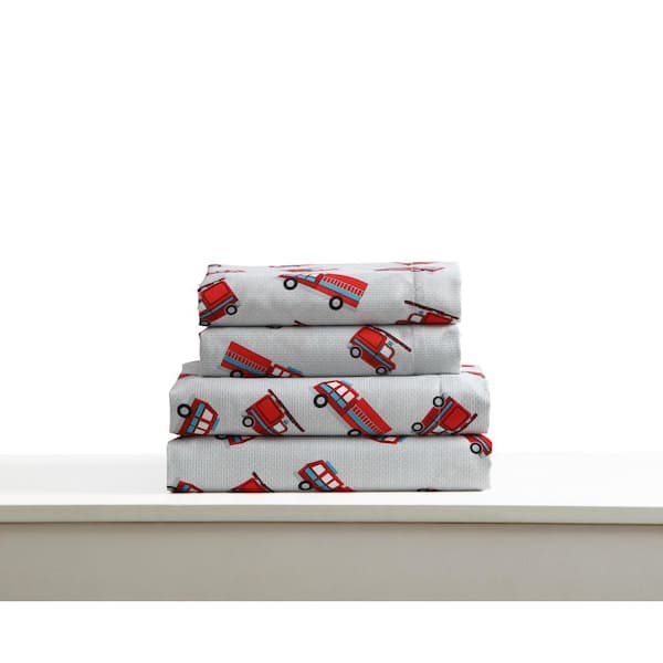 Kute Kids 4-Piece Fire Trucks Geometric Microfiber Full Sheet Set