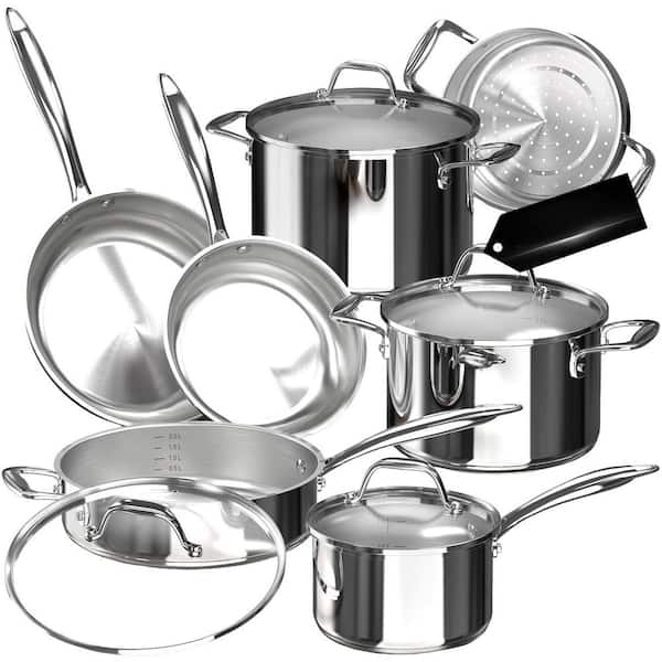 11-Piece Tri-Ply Stainless Steel Induction Cookware Set with Steamer Insert, Glass Lids, Oven Dishwasher Safe