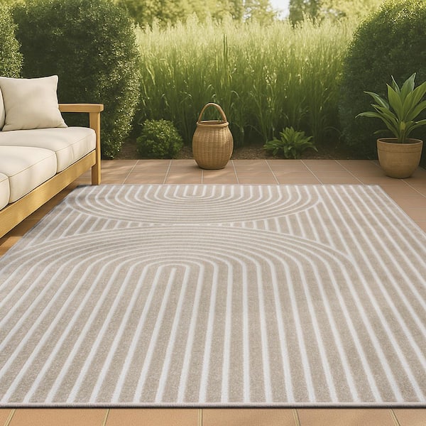 Sofia High-Low MidCentury Modern Arch Stripe 2-Tone Beige/Cream 4 ft. x 6 ft. Indoor/Outdoor Area Rug