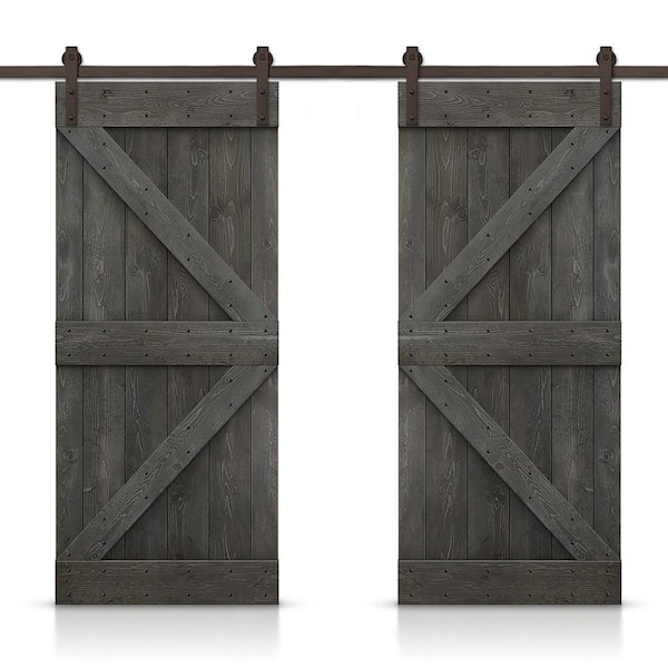 CALHOME K 84 in. x 84 in. Carbon Gray Stained DIY Solid Pine Wood Interior Double Sliding Barn Door with Hardware Kit