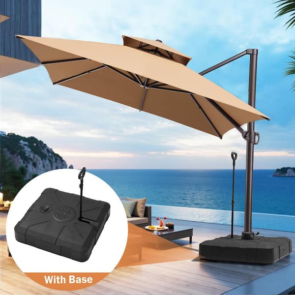 13 ft. x 10 ft. 2-Tier Aluminum Heavy-Duty 360° Cantilever Patio Umbrella in Tan with Wheeled & Pull Rod Base