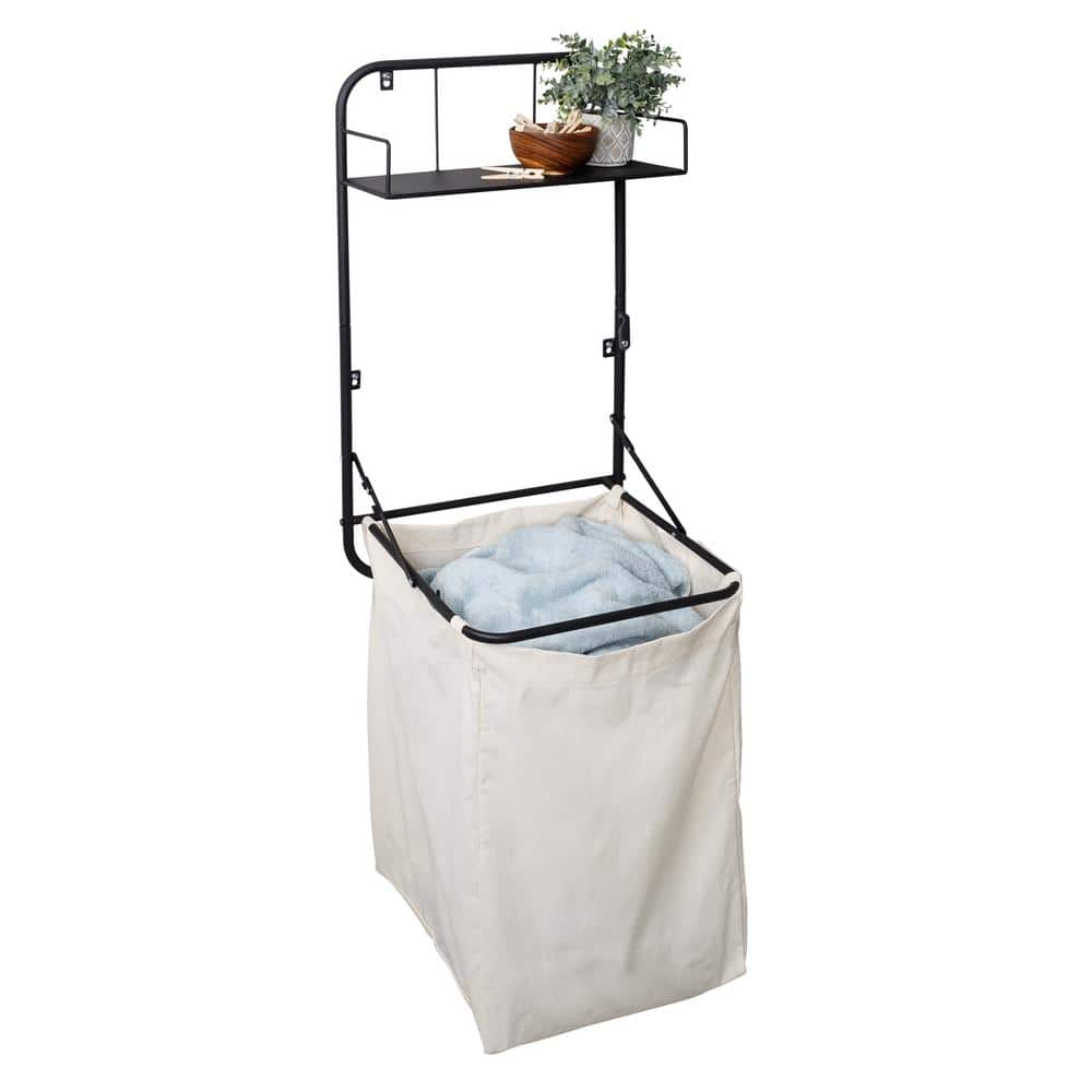 Black Collapsible Wall-Mounted Laundry Hamper with Shelf