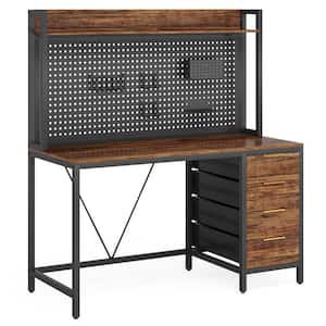 Moronia 48 in. Rectangle Brown Engineered Wood 4-Drawer Computer Desk with Hutch, Home Office Desk with Pegboard