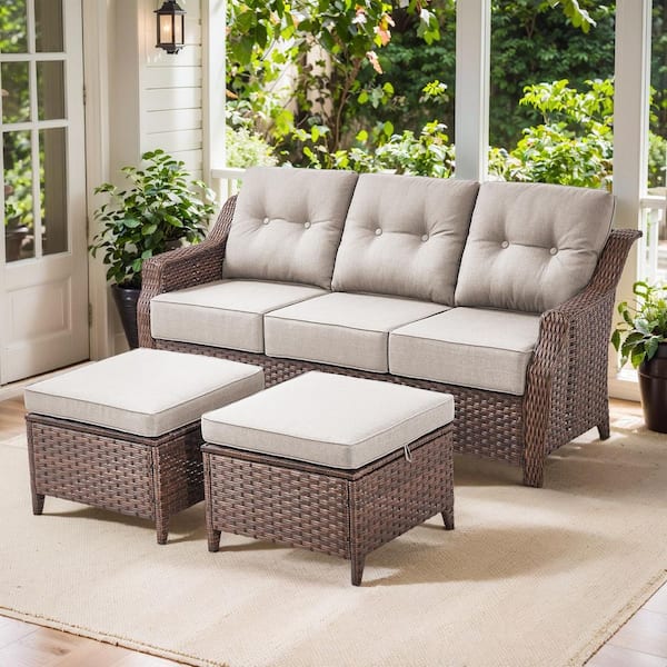 Artisan 3-Piece Brown Wicker Outdoor 3-Seat Couch with High Curved Back and 6 in. Thick Beige Cushions and Ottomans