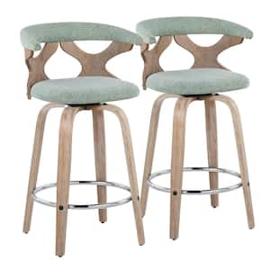 Gardenia 25.5 in. Lt Green Fabric White Washed Wood & Chrome Metal Fixed-Height Counter Stool Round Footrest (Set of 2)