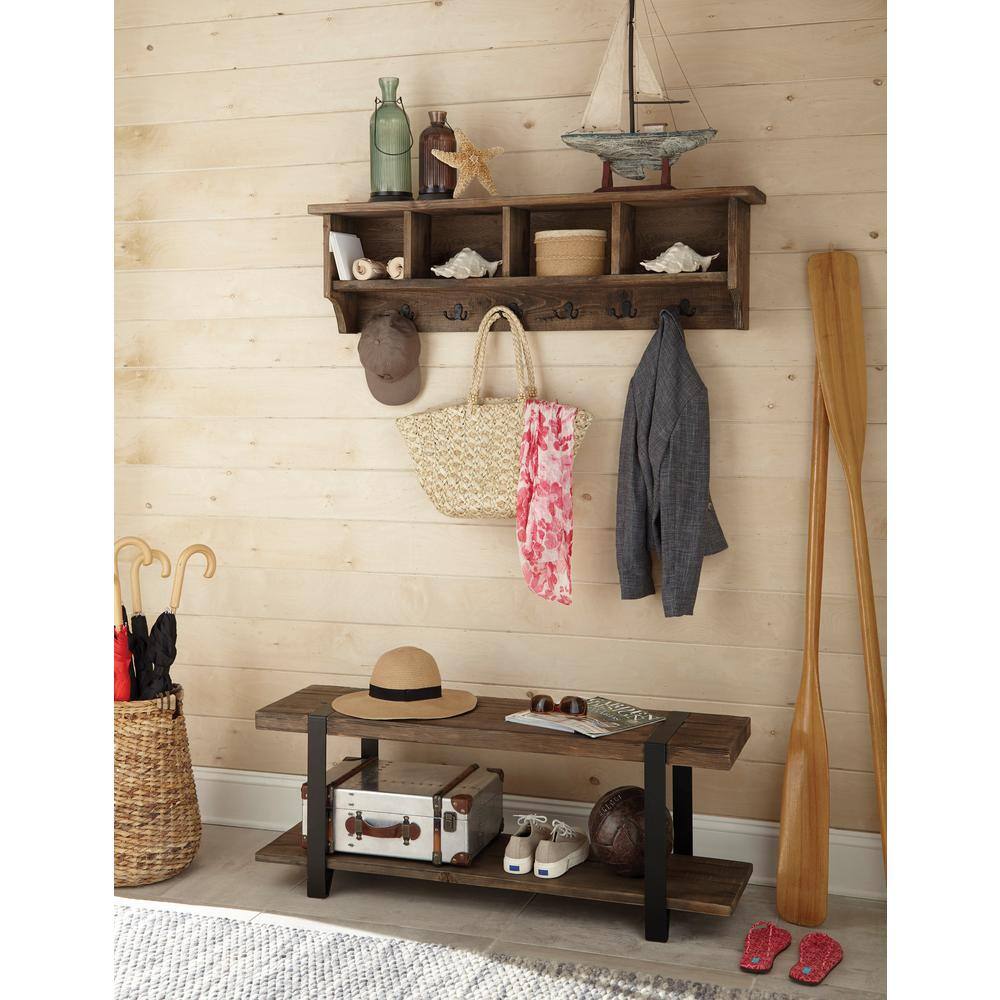 Modesto Medium Wood Industrial Hall Tree Bench with Storage