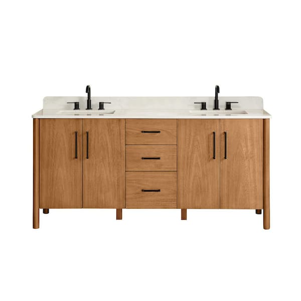 Velora 72 in. Double Freestanding Mango Brown Bath Vanity with Grain White Engineered Stone Top Assembled