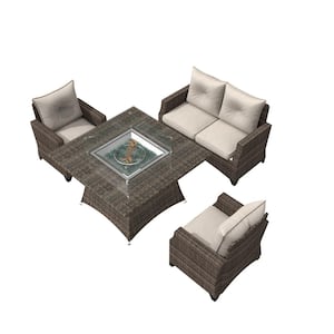 Cary Brown 4-Piece Wicker Patio Conversation Set with Beige Cushions