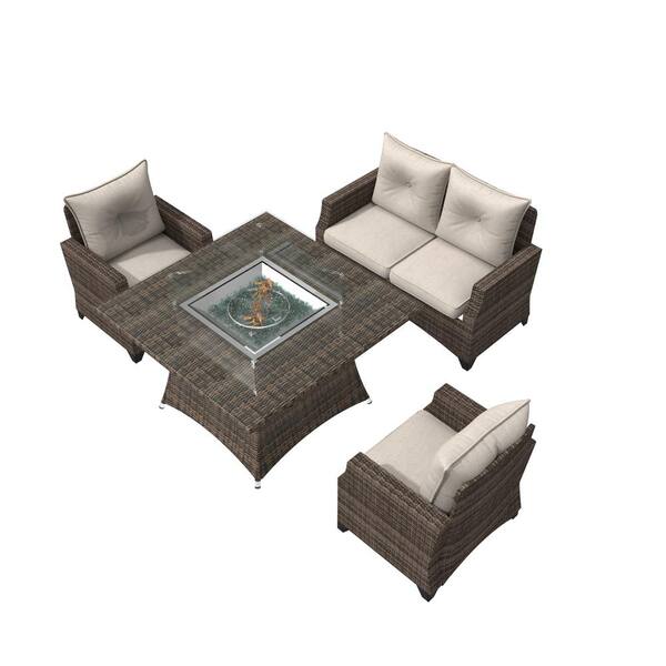 moda furnishings Cary Brown 4-Piece Wicker Patio Conversation Set with Beige Cushions