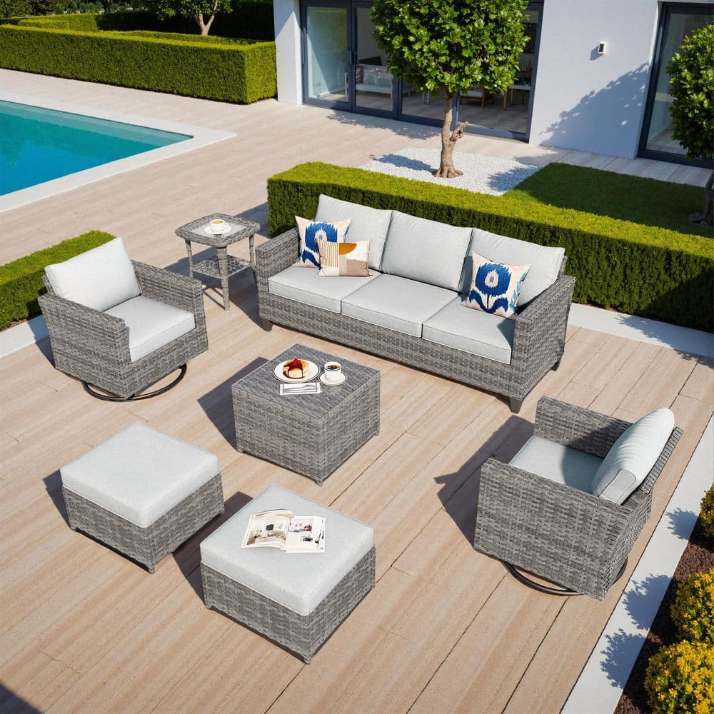 Camden 7-Piece Gray Wicker Patio Conversation Set Outdoor Patio Furniture with Light Gray Cushion, Swivel Chair & Table price history on PriceWatchPro