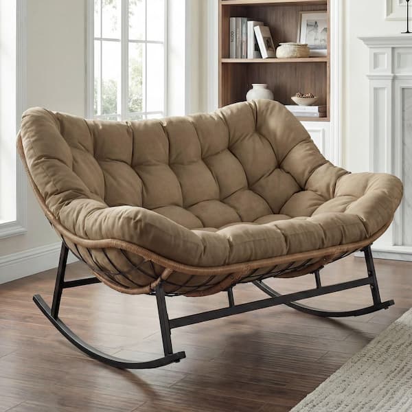 Wicker Outdoor Rocking Loveseat with Brown Cushions for Porch