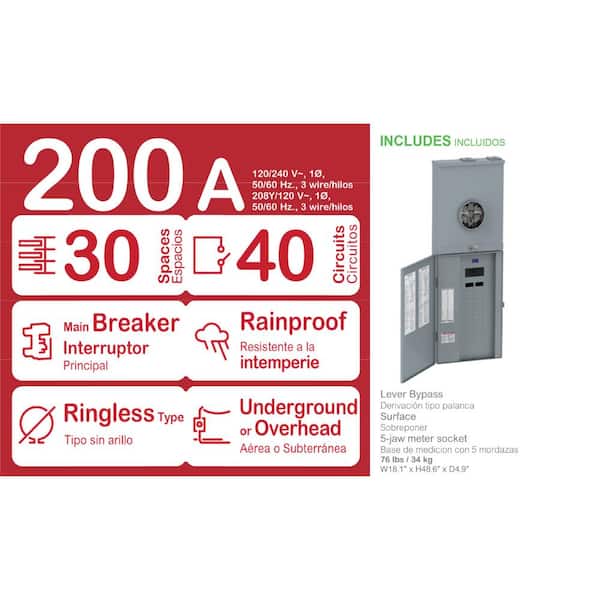 Homeline 200 Amp 30-Space 40-Circuit Outdoor Ringless Lever-Bypass Overhead/Underground Main Breaker CSED
