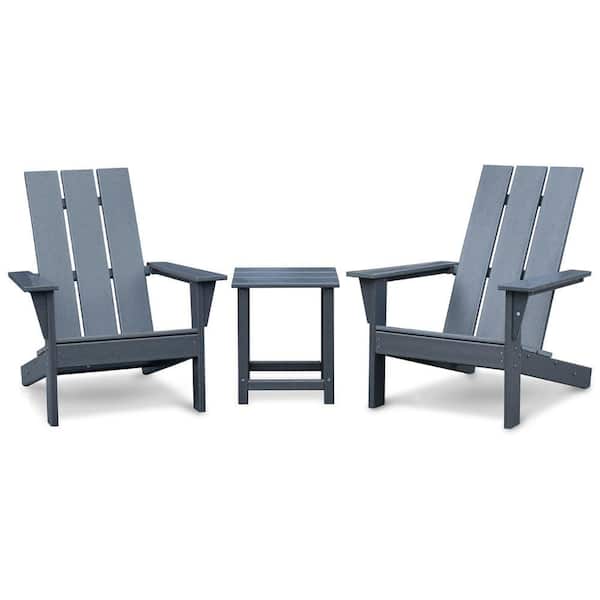 ITOPFOX Dark Gray Ergonomic Lawn Chair with Table Set of 3 for Garden Backyard Balcony, Beach, Wooden Table and Chair Set