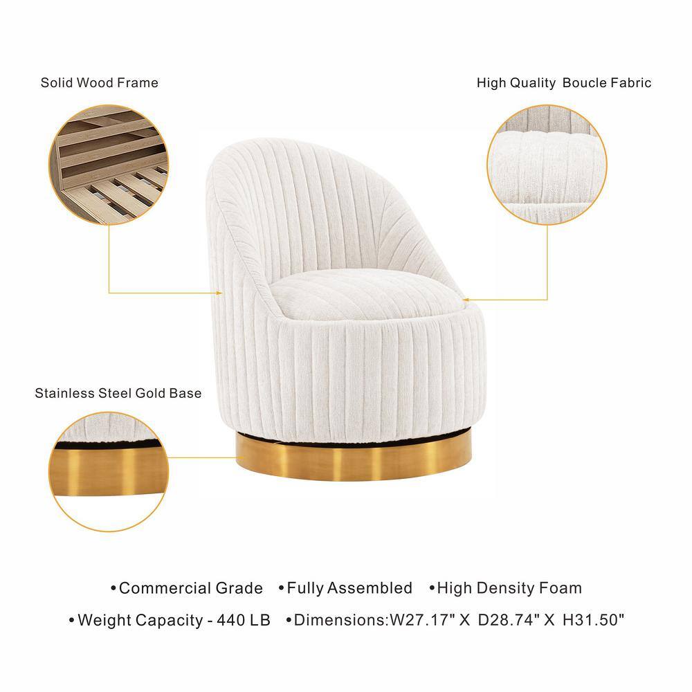 Cream Boucle Swivel Barrel Chairs with Gold Base, Set of 2