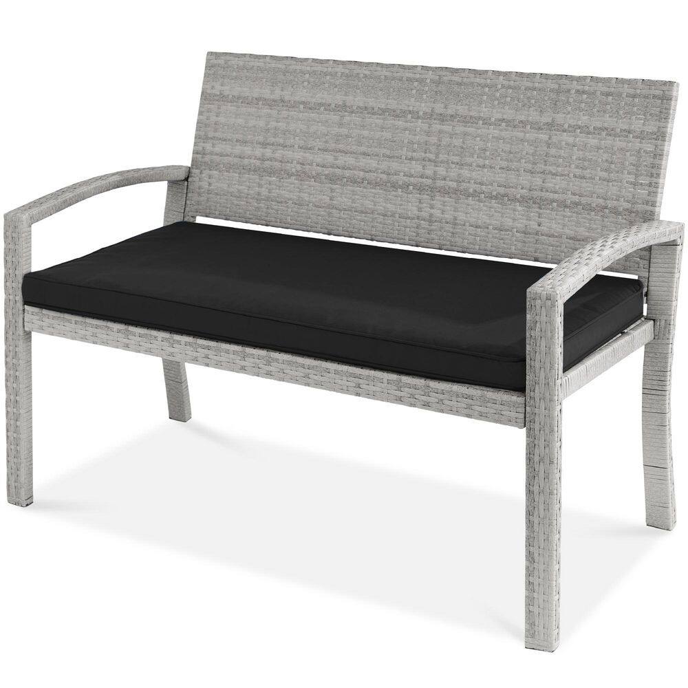 Gray and Black Wicker 2-Person Outdoor Bench with Cushion
