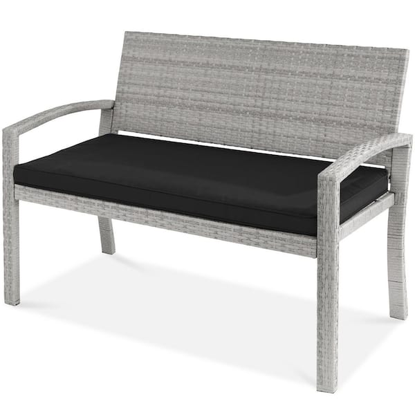 Unbranded 47 in. 2-Person Gray Wicker Outdoor Bench with Black Cushion