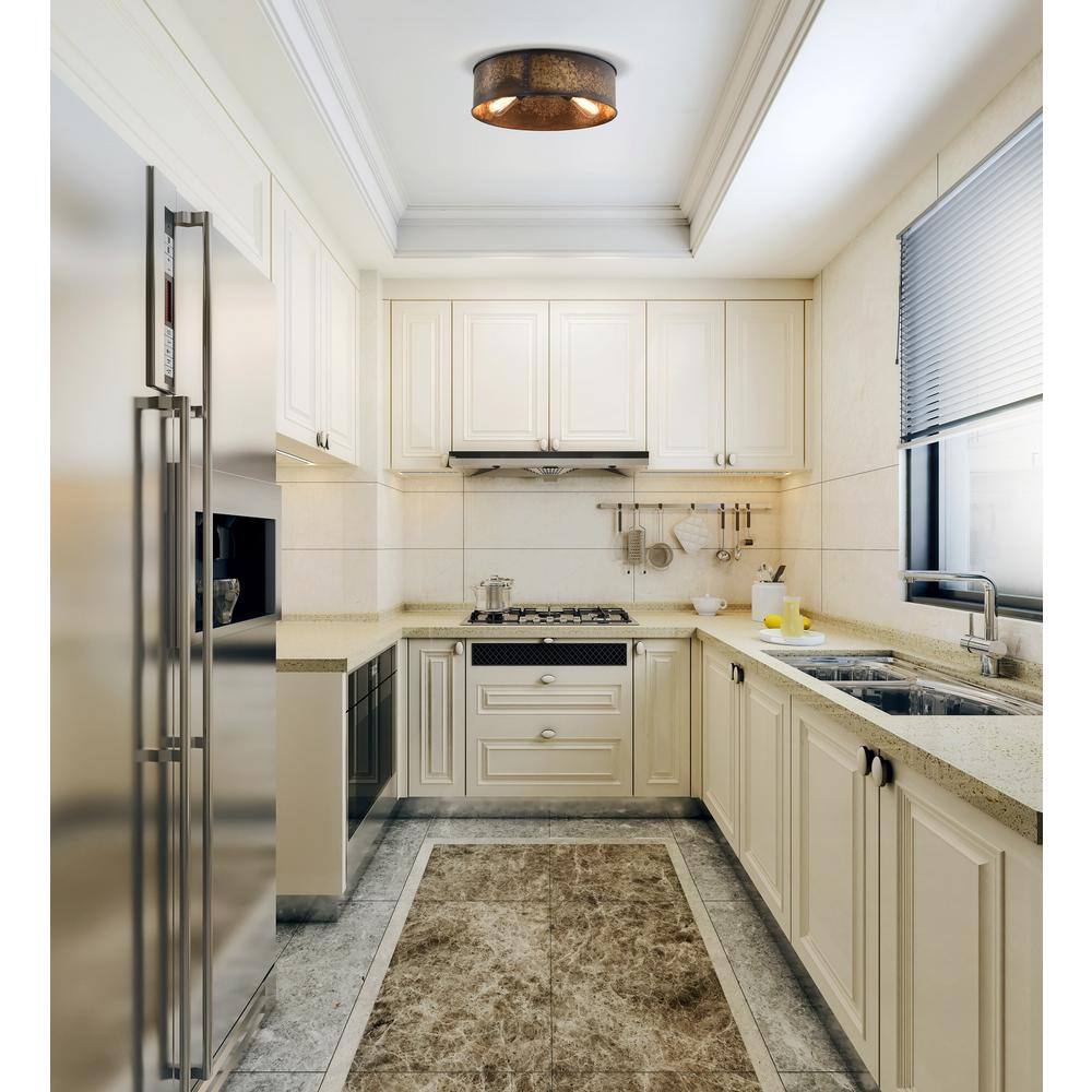 Vintage Kettle Drum 3-Light Flush Mount in Weathered Brass