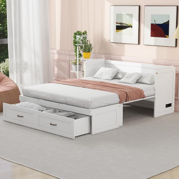 Harper & Bright Designs White Wood Frame Queen Size Murphy Bed with USB Ports and 2-Drawer
