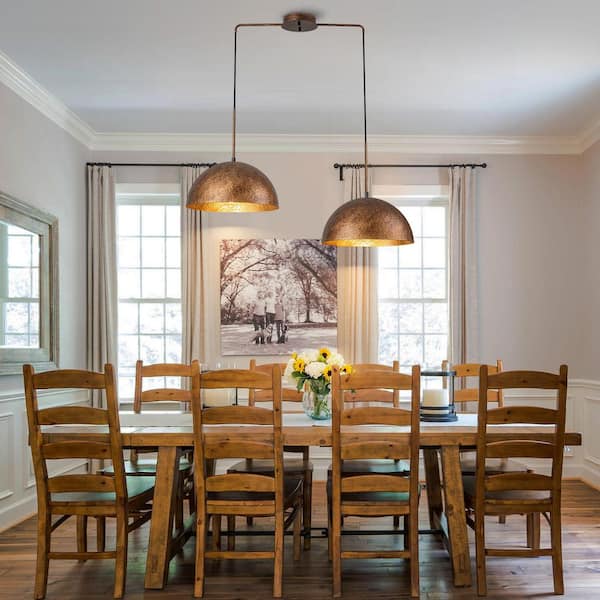 Detroit 34.25 in. 2-Light Industrial Gold Hammered Dome Pendant Light for Kitchen Island