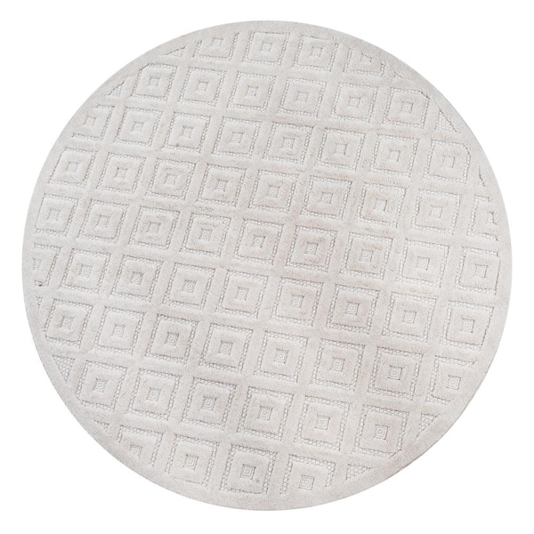 Portmany Ivory 5 ft. Round Neutral Diamond Trellis Indoor/Outdoor Area Rug