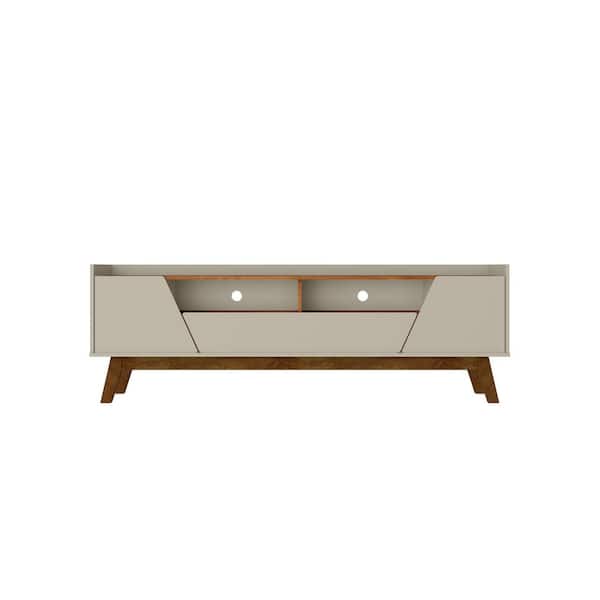 Manhattan Comfort Mid-Century Modern Marcus 53.14 TV Stand with Solid Wood Legs in Greige and Nature