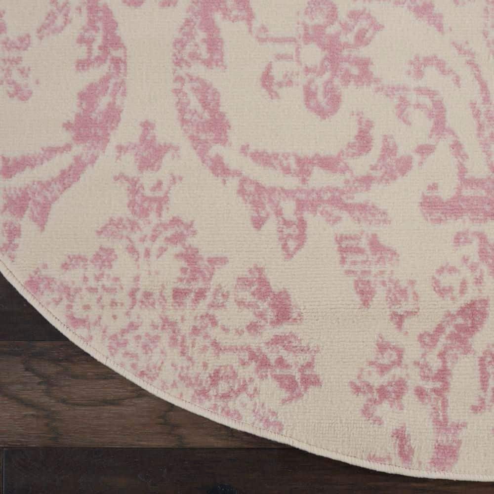 Jubilant Ivory and Pink Round Synthetic Area Rug, 5'3"
