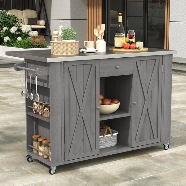 XL エルドレッソ KEEP RUNNING FOR BEER T グレーセット Grey Fir Wood Outdoor Bar Cart Kitchen Island with Stainless Steel