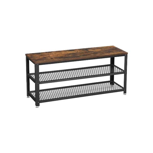 Benjara Brown and Black Dining Bench Backless with Three Tier and Mesh Shelves 39.37 in.