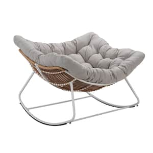 Metal Water-Resistant Outdoor Rocking Chair White Frame with Light Gray Cushion For Backyard, Patio, Poolside