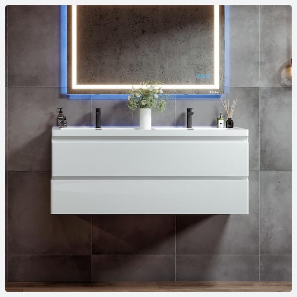 Eviva Glazzy 48 in. W x 19 in. D x 22 in. H Floating Double Bathroom Vanity in White with White Acrylic Top with White Sinks
