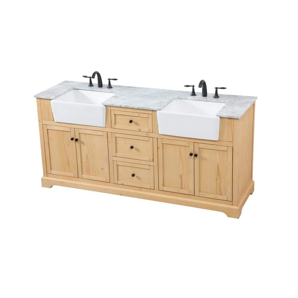 Natural Wood Double Bathroom Vanity with Carrara Marble Top