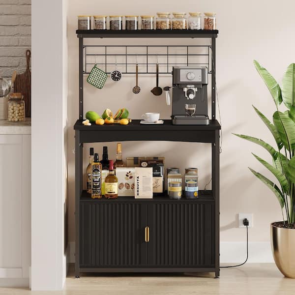 Black 3-Shel Metal and Wood 31.5 in. W Baker's Rack with LED Light, Storage Cabinet and 10 S-Hooks