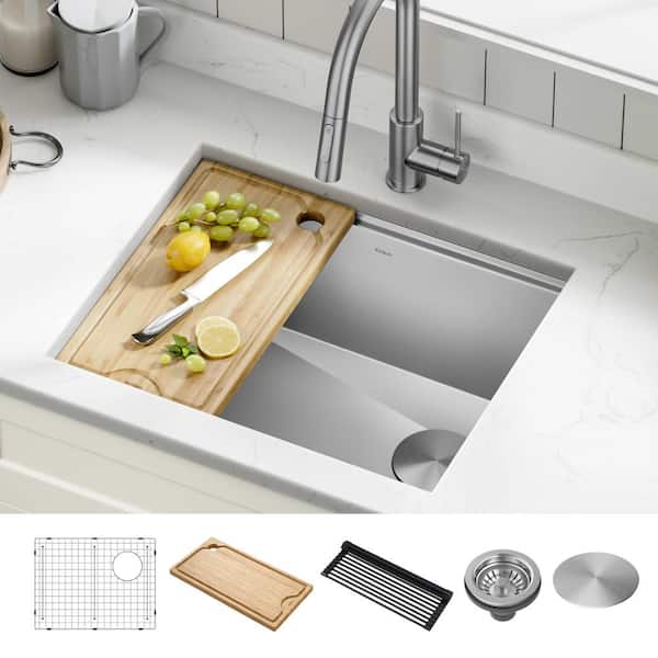 Kore 23 in. Undermount Single Bowl 16 Gauge Stainless Steel Kitchen Workstation Sink w/Integrated Ledge and Accessories
