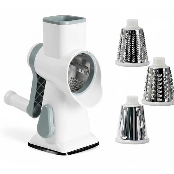 White Rotary Cheese Grater with Ergonomic Handle for Effortless Grating, Slicing, Shredding Cheese, Veggies