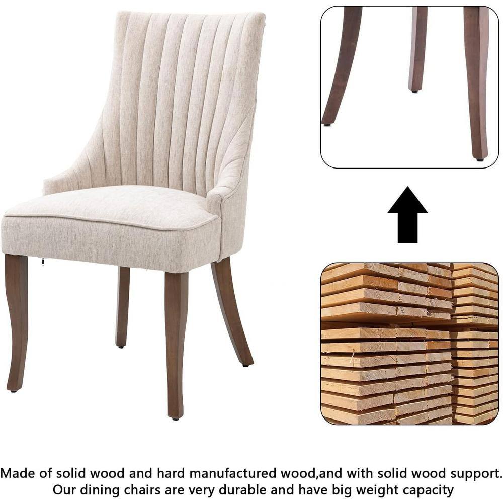 Beige High Back Linen Upholstered Side Chair with Wood Legs