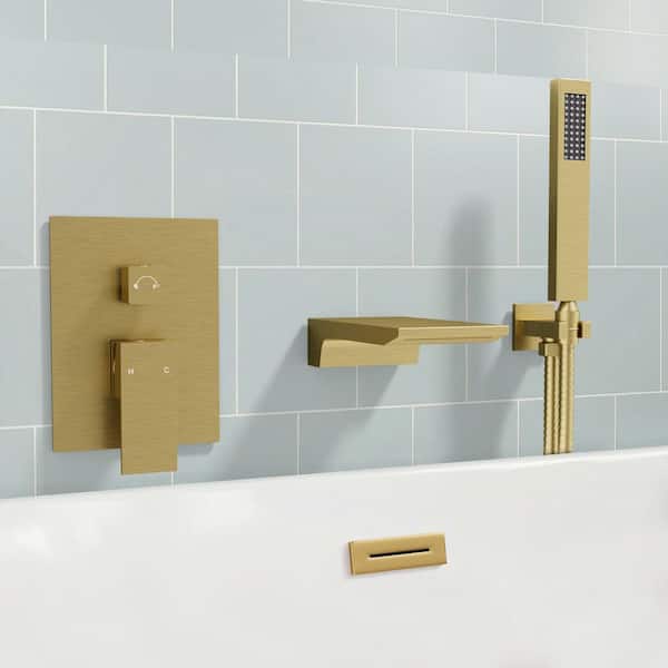 2-Handle Wall Mount Waterfall Roman Tub Faucet 5 GPM with Hand Shower Bathtub Faucet in Brushed Gold(Valve Included)