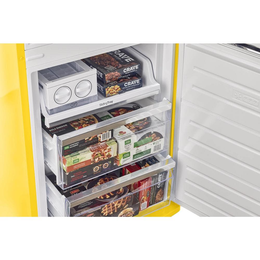 Canary Yellow Retro Bottom Freezer Refrigerator with Chrome Handles