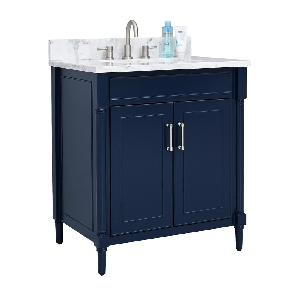 Navy Blue Single Bathroom Vanity with Carrara Marble Top