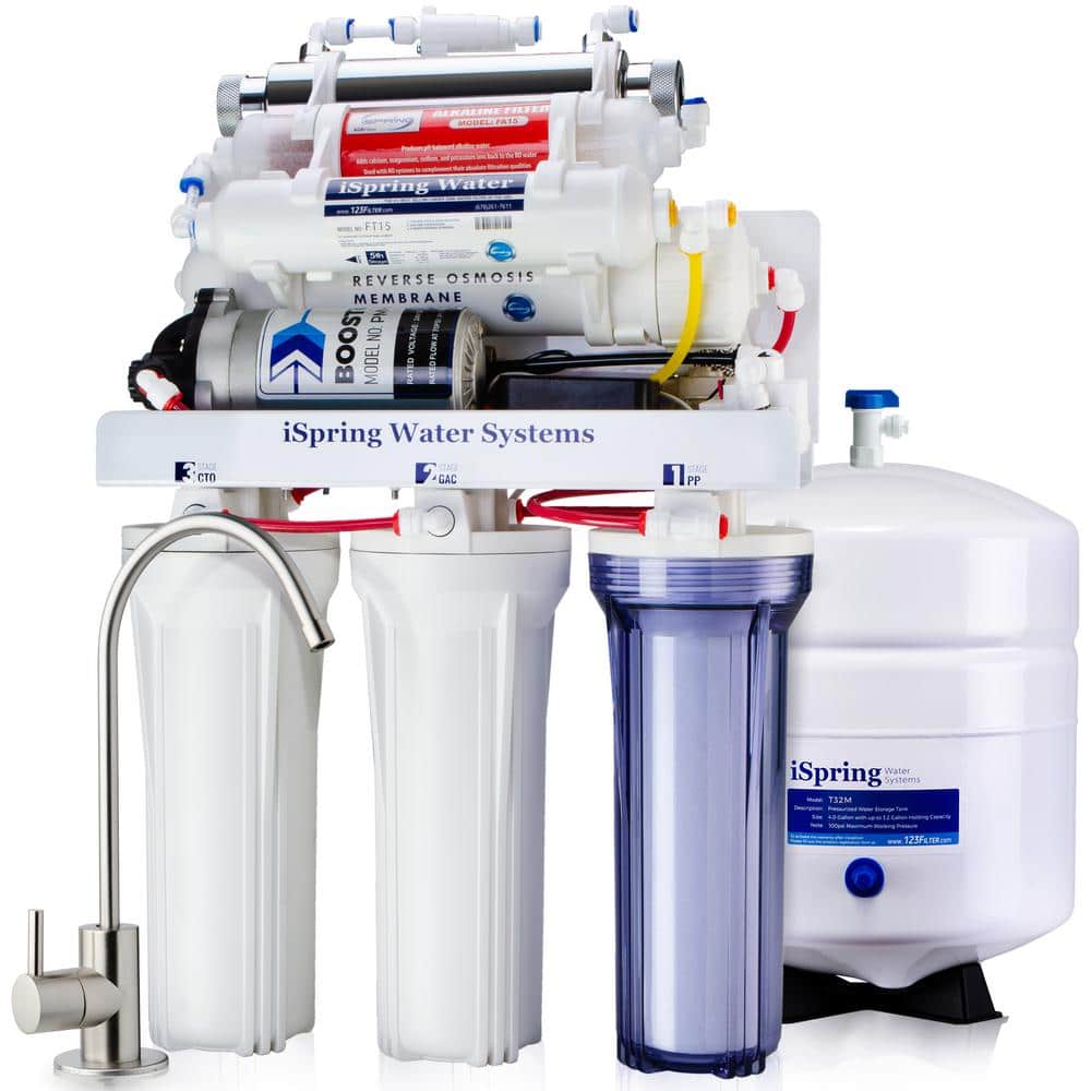 iSpring RCC1UP-AK 100gpd 7-Stage Reverse Osmosis RO UV Alkaline Water Filter System with Booster Pump