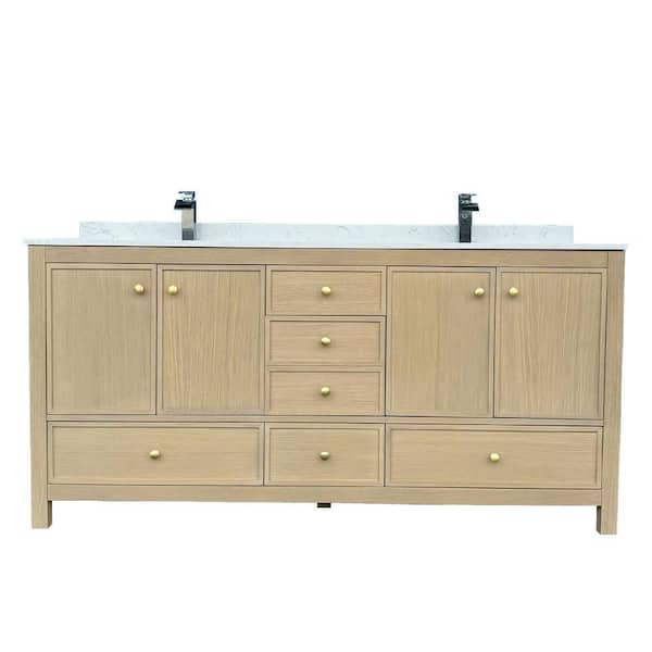 72 in. W x 22 in. D x 35 in. H Double Sink Bath Vanity Cabinet in Oak with Calacatta Cultured Marble Top