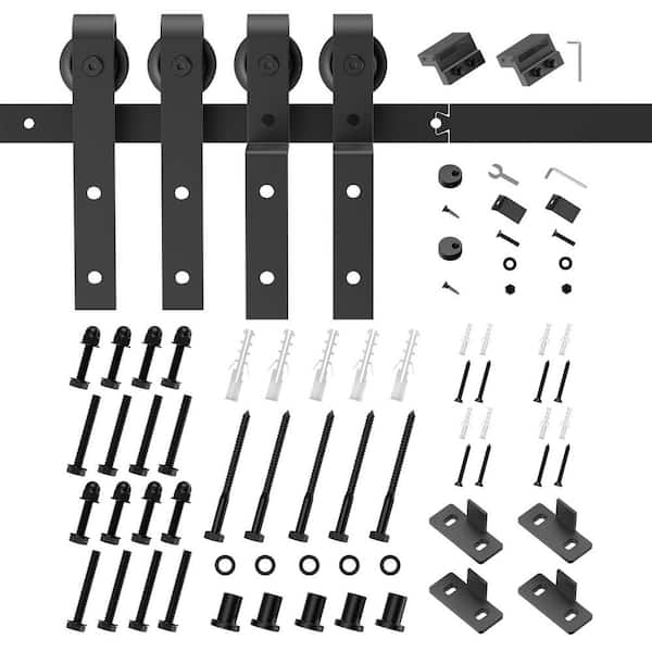 Movisa 7.5 ft. J-Shaped Bypass Sliding Barn Door Kit for Double Door, Black Steel